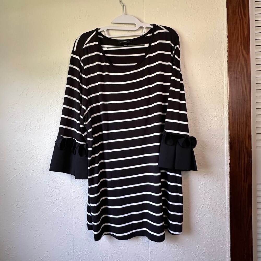 Lane Bryant Womans Black White Striped Stretch Knit Pleated 3/4 Sleeve Top 4/16